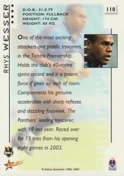 2003 Select XL #110 Rhys Wesser Back